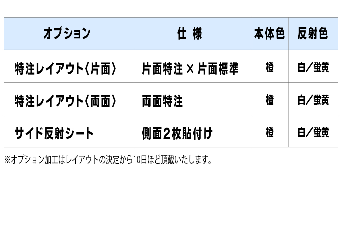 スーパーワイドオプション 文字入りサインタイプ,片面（標準レイアウト/文字入りレイアウト）,両面（文字入りレイアウト/文字入りレイアウト）,スーパーワイドオプション,サイド反射シート両サイド2枚